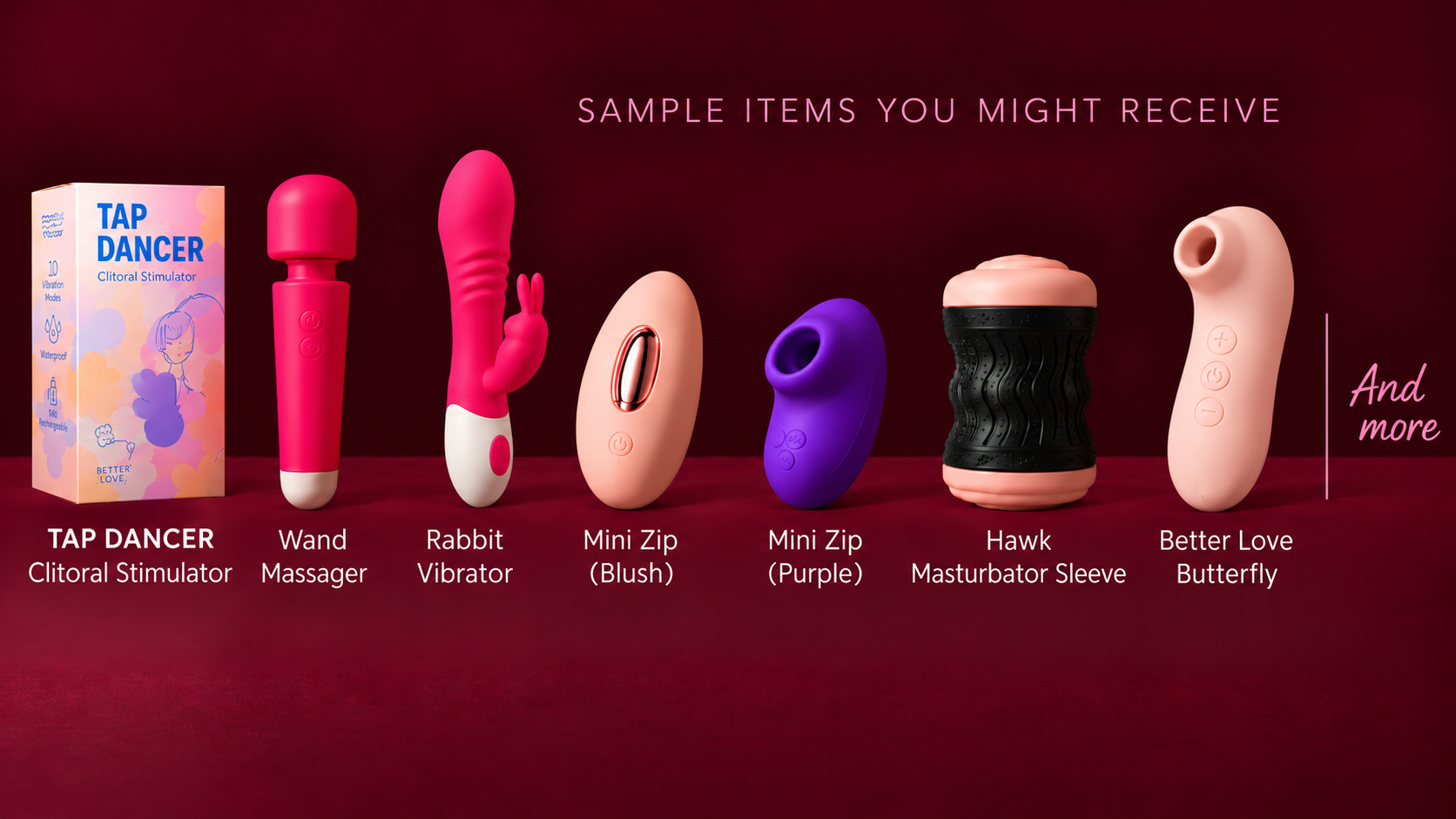 Sample items staged on a burgundy platform: Tap Dancer, premium wand massager, Lily Rabbit Vibe, Mini Zip in blush and purple, Hawk sleeve, Better Love Butterfly, and more.